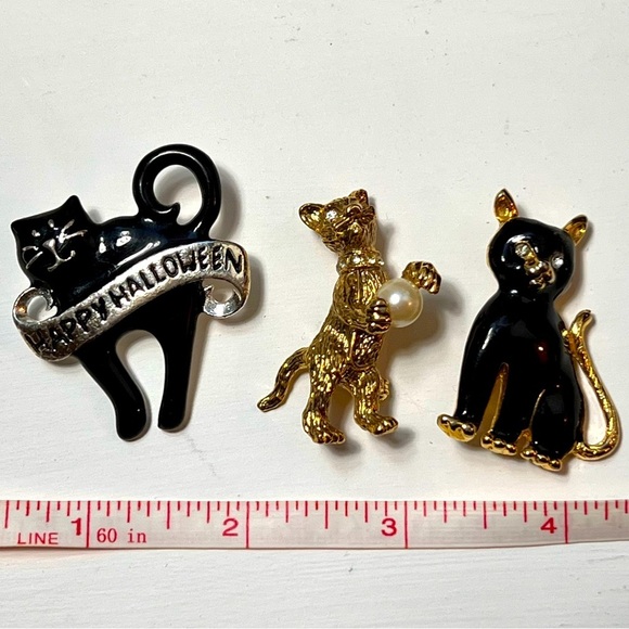Jewelry - 3 vintage cat brooches. Black gold rhinestones pearl Halloween
